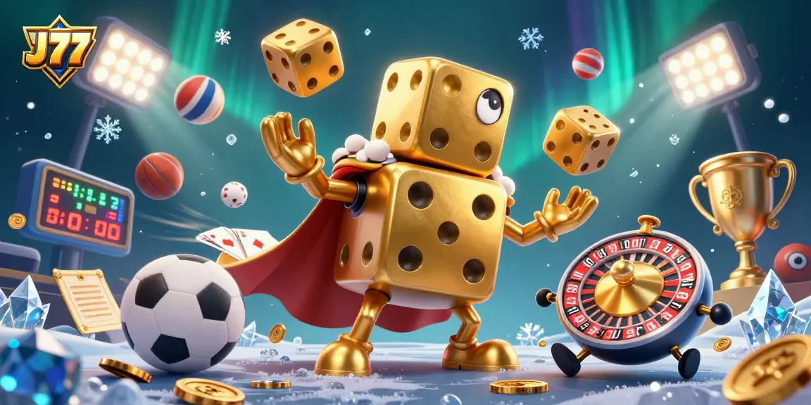 Experience the excitement of JJ77 as a golden dice golem juggles in a vibrant casino scene.