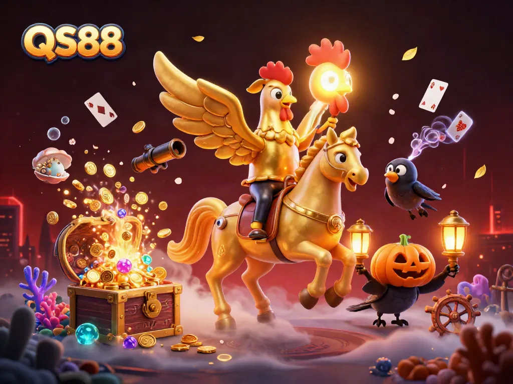 Experience winning offers with QS88 in an exciting 3D casino adventure illustration.